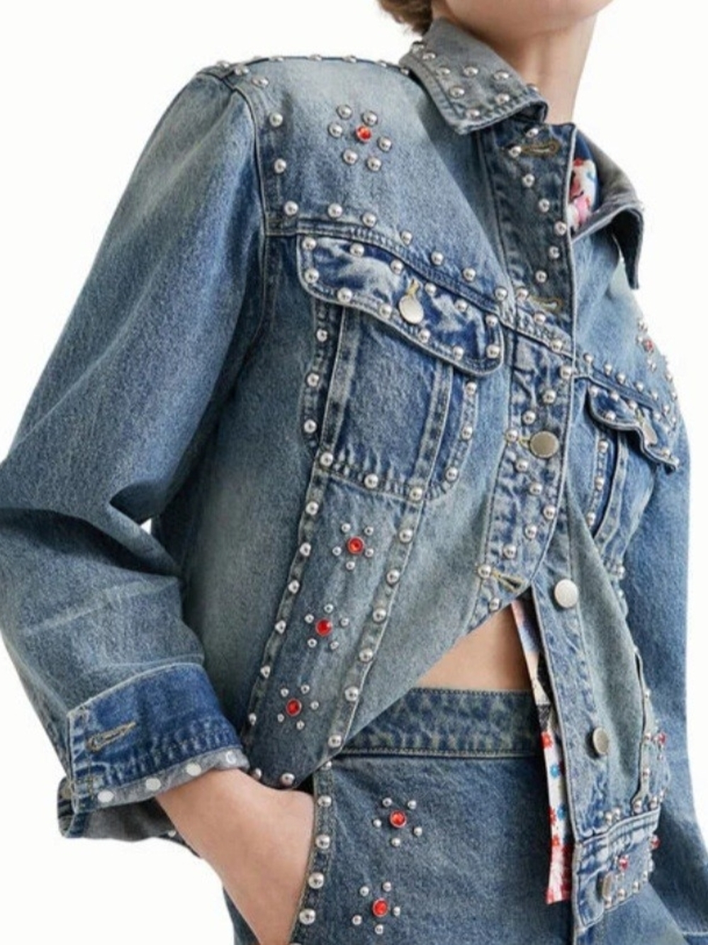 Desigual Studded Blue Denim Jacket with Red Accent
